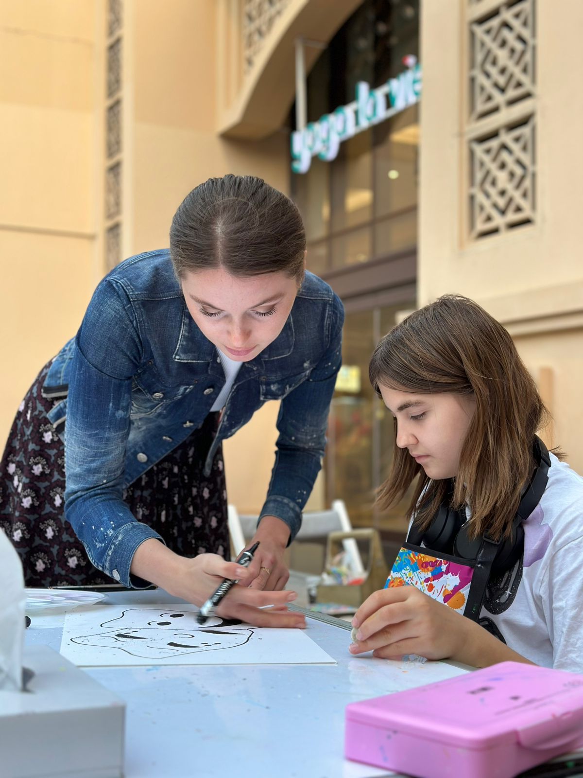 Watercolor painting in progress during children's art lesson at home in Dubai Marina